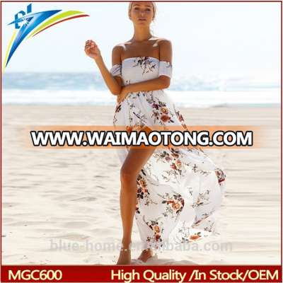 2017 new Boho style long dress women Off shoulder beach summer dresses Floral print Vintage chiffon white maxi dress vestidos